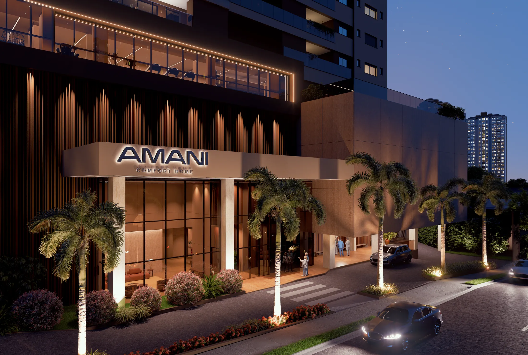 Fachada do AMANI Comfort Home ao anoitecer