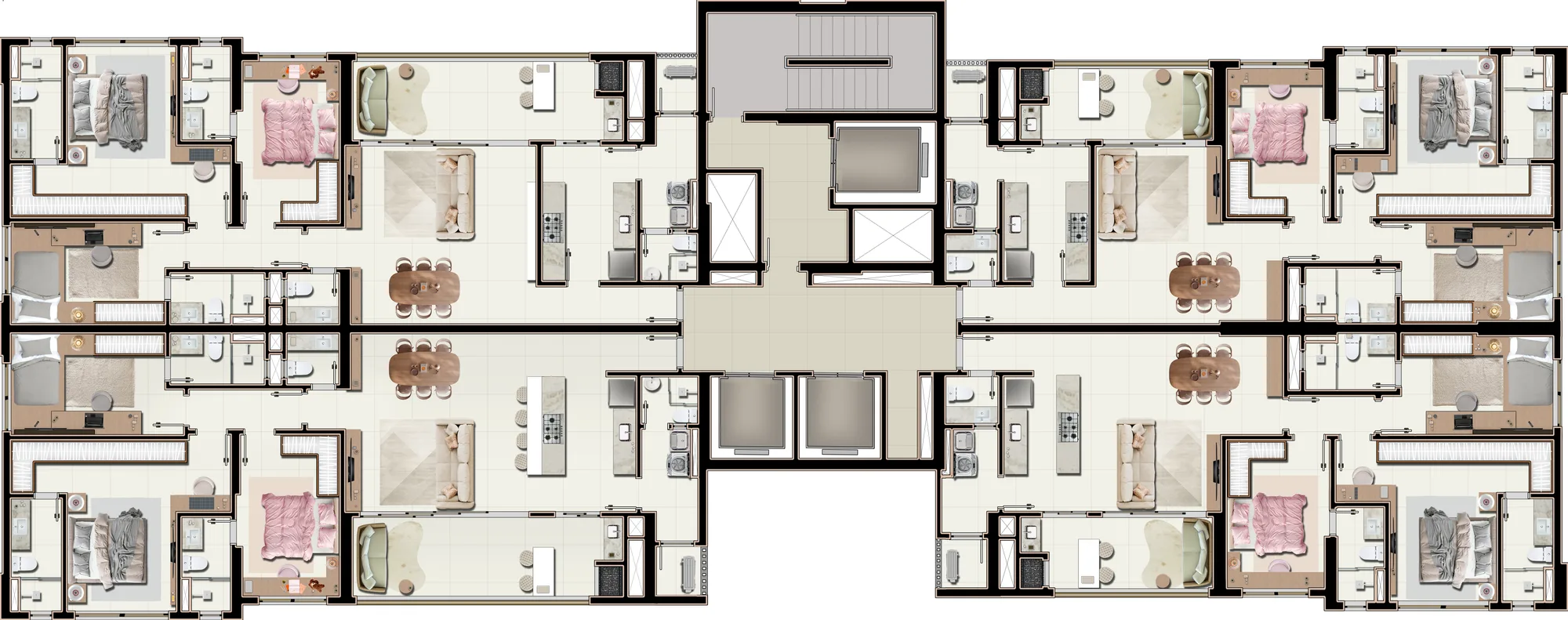 Planta do pavimento tipo com quatro apartamentos